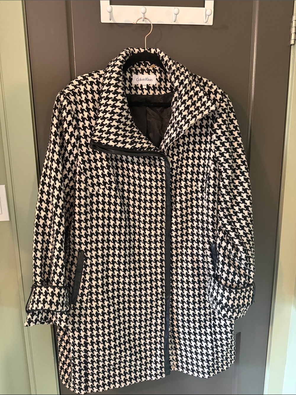 Calvin Klein Black & White Houndstooth Asymmetrical Pea Coat
